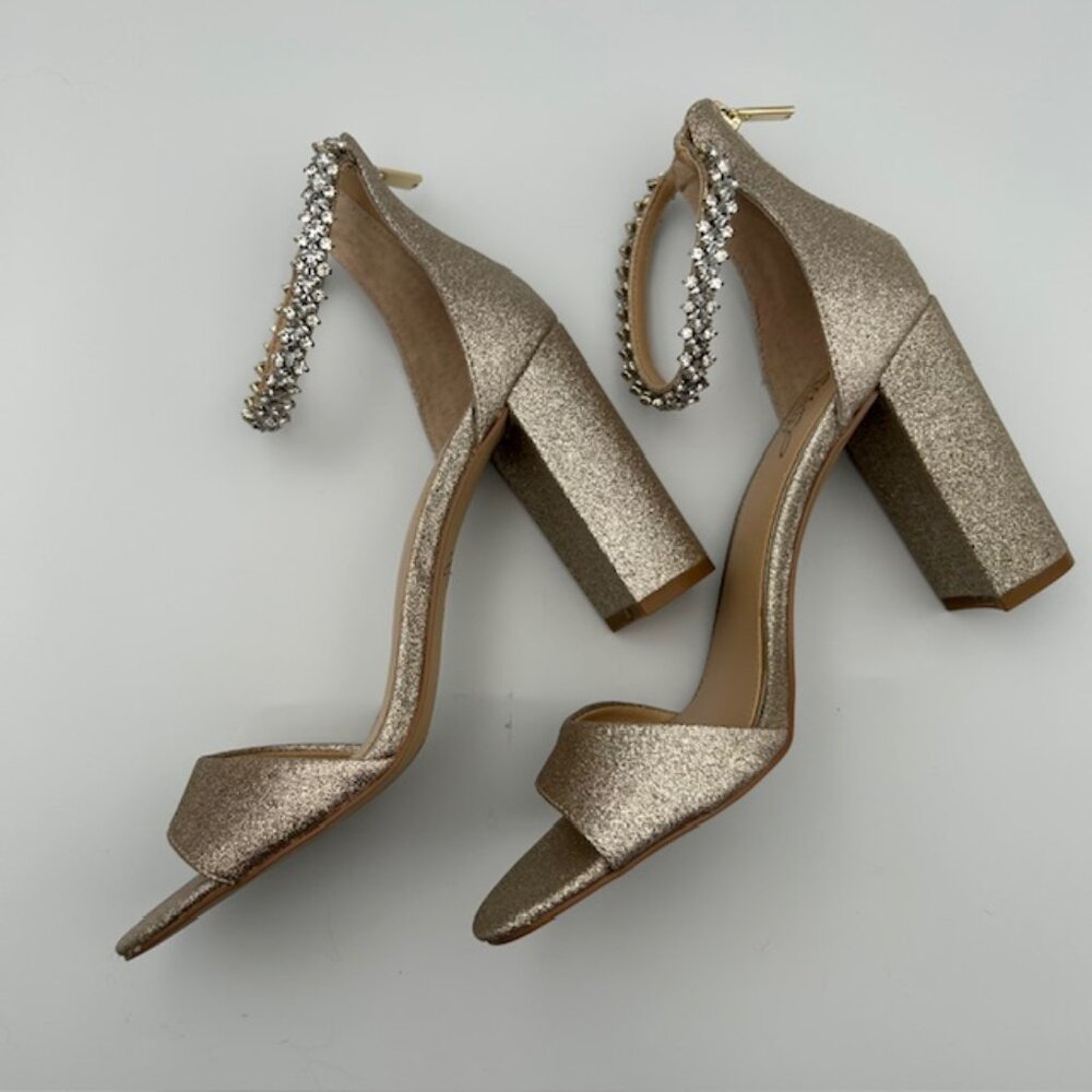 Jewel by Badgely Mishka Gold Block Heel Sandal Jeweled Ankle Strap Sz 8.5